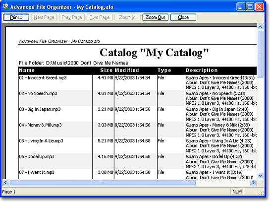 Advanced File Organizer. Print preview